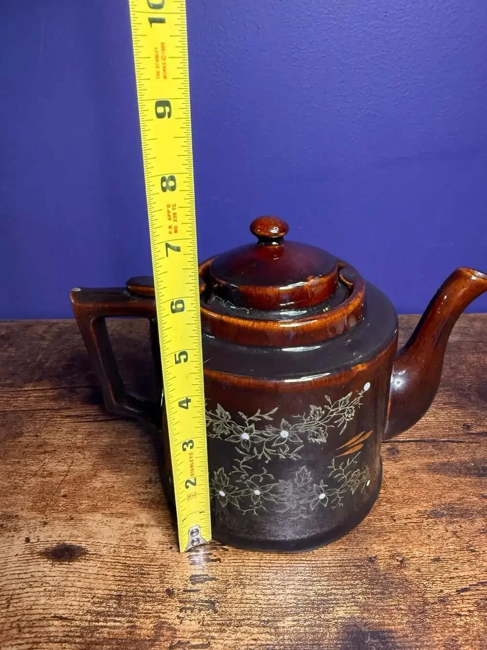 Vintage Japanese Hand Painted Brown Glaze Floral Teapot